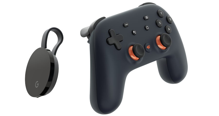 La manette officielle de Stadia et un Chromecast